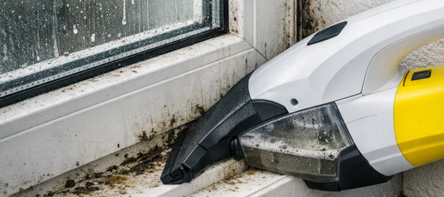 Fenstersauger bei verschmutzten Fensterrahmen und schwer zugaenglichen Stellen anwenden