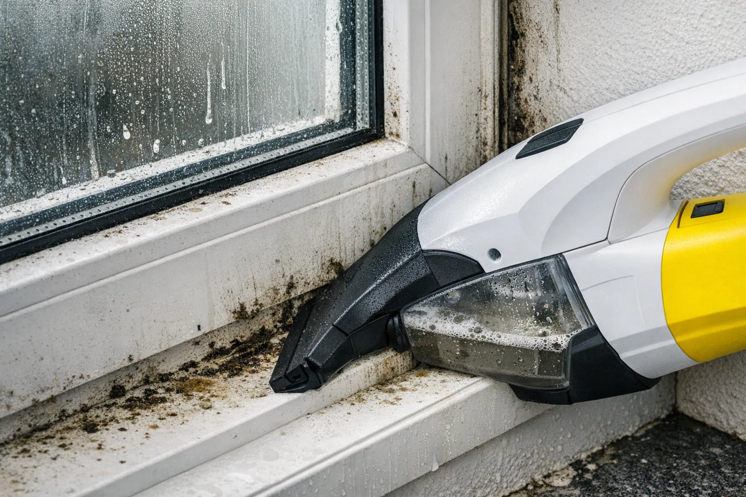 Fenstersauger bei verschmutzten Fensterrahmen und schwer zugaenglichen Stellen anwenden